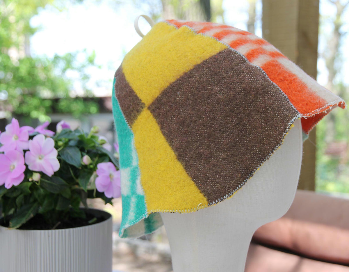 Upcycled Wool Patchwork Sauna Hat, Vintage Banya Cap, Head Protection (13.4 x 8)