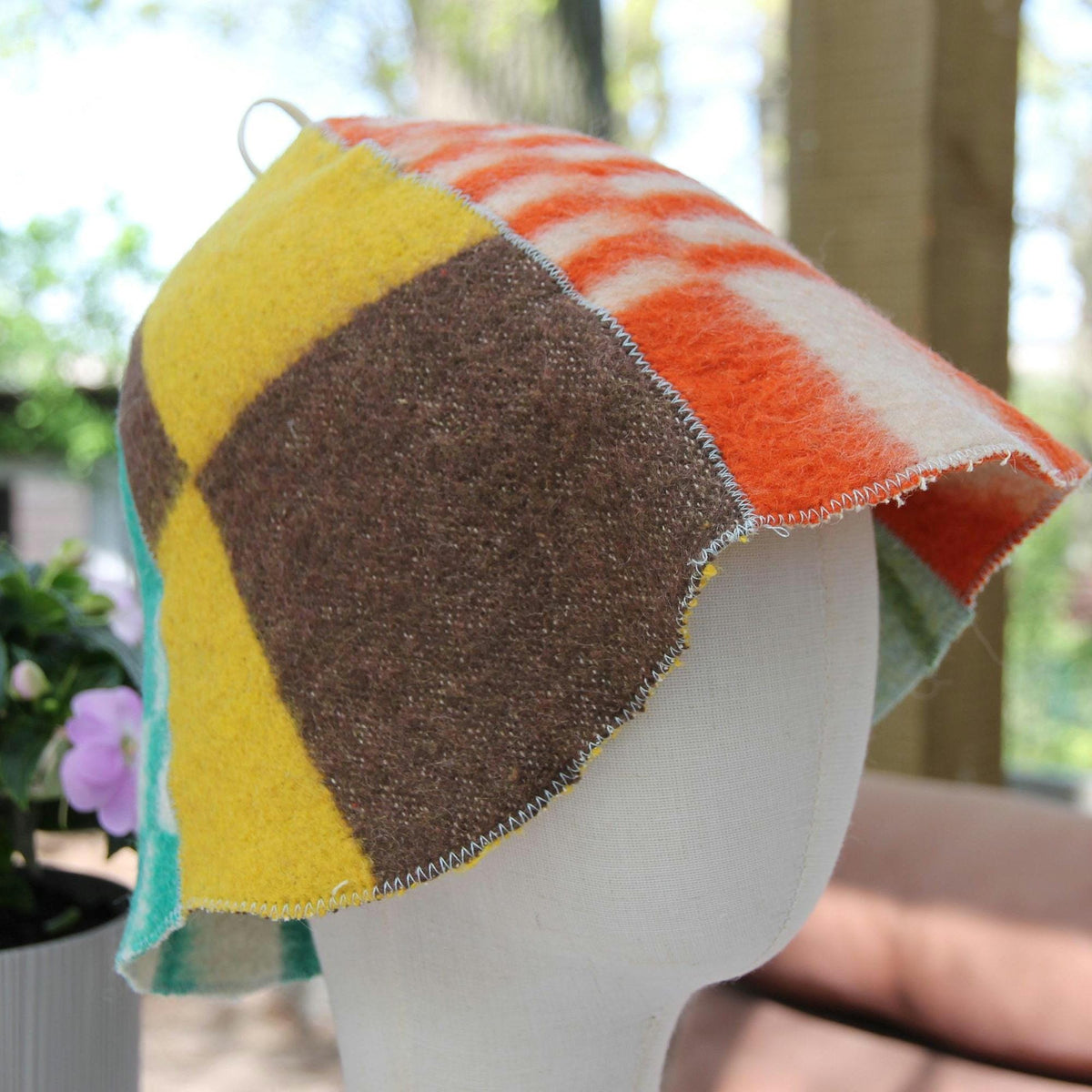 Upcycled Wool Patchwork Sauna Hat, Vintage Banya Cap, Head Protection (13.4 x 8)