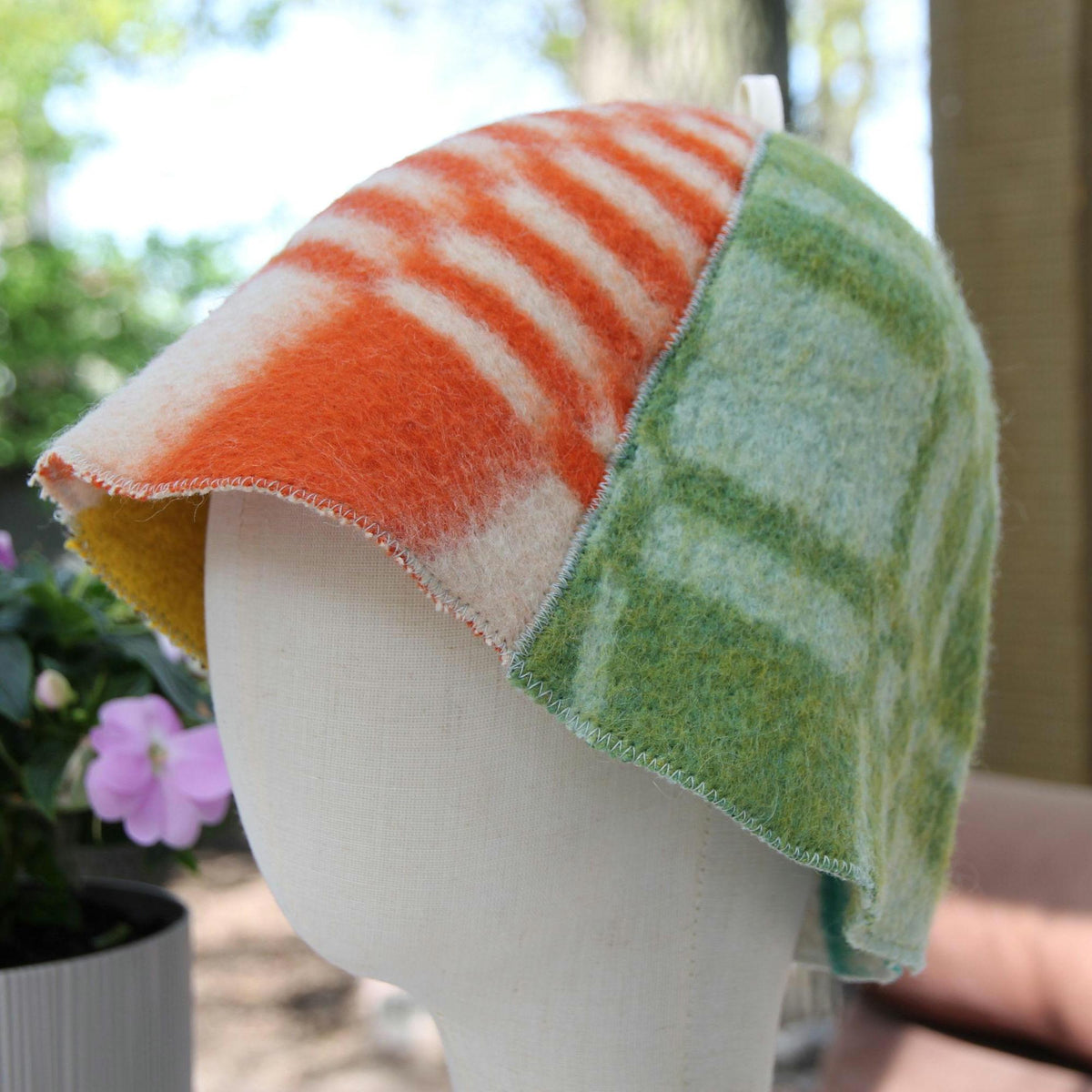 Upcycled Wool Patchwork Sauna Hat, Vintage Banya Cap, Head Protection (13.4 x 8)