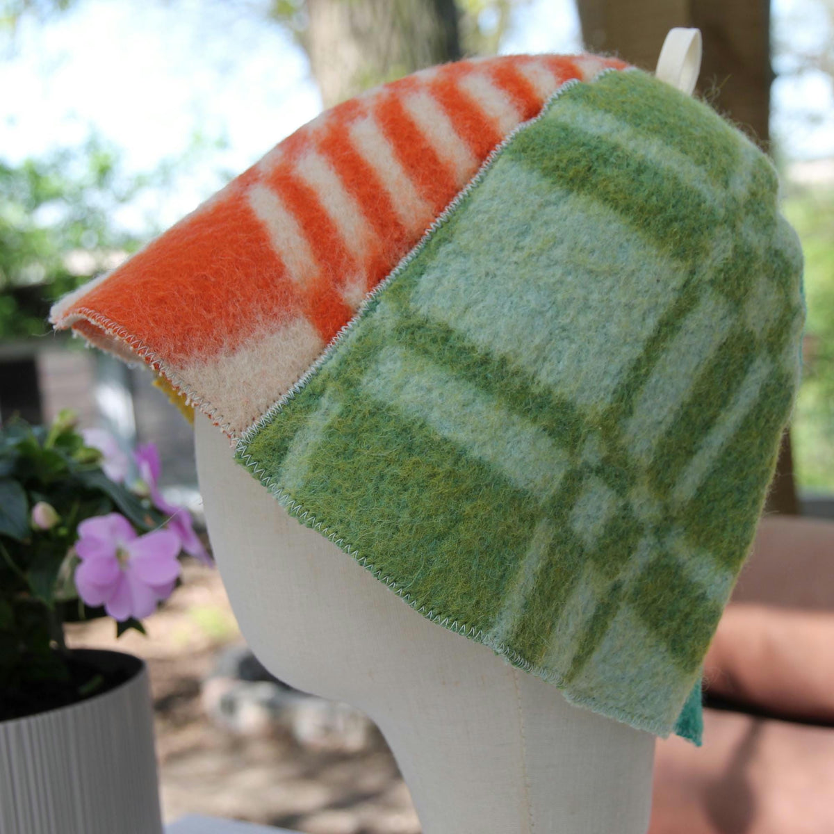 Upcycled Wool Patchwork Sauna Hat, Vintage Banya Cap, Head Protection (13.4 x 8)