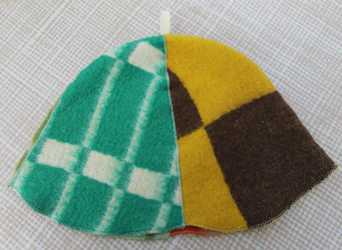 Upcycled Wool Patchwork Sauna Hat, Vintage Banya Cap, Head Protection (13.4 x 8)