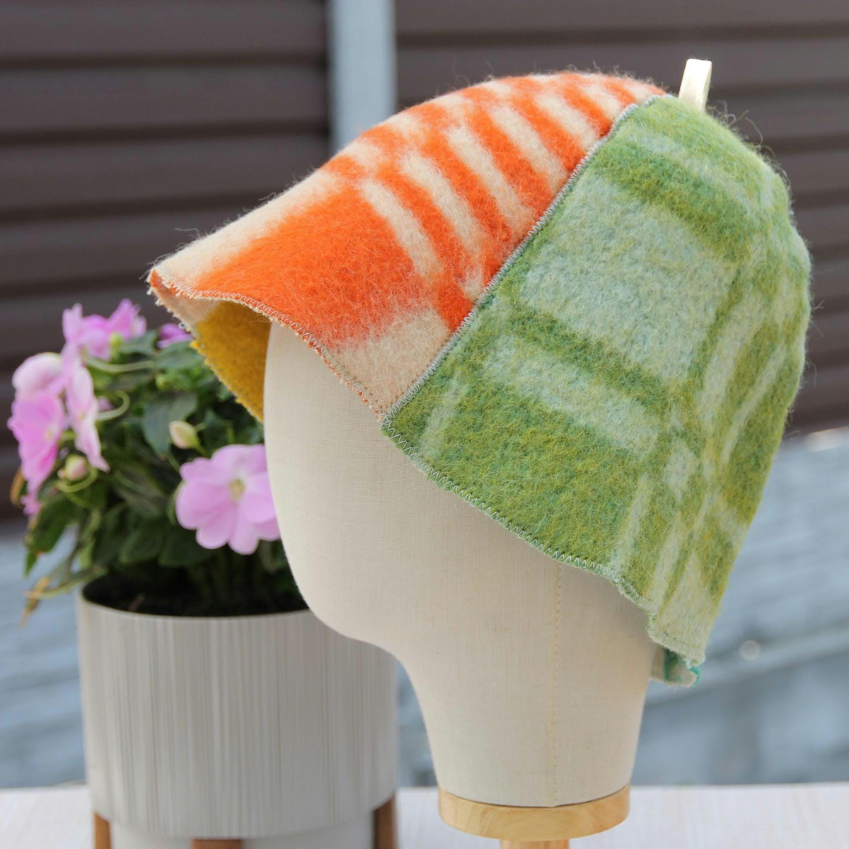 Upcycled Wool Patchwork Sauna Hat, Vintage Banya Cap, Head Protection (13.4 x 8)