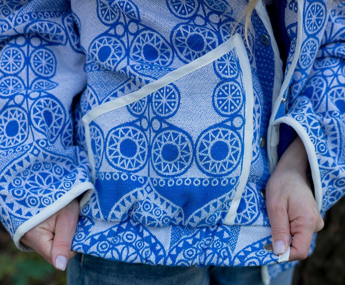 Vintage Cotton Coverlet Jacket, Boho Quilted Bomber, Upcycled Heritage Blue White (M-L)