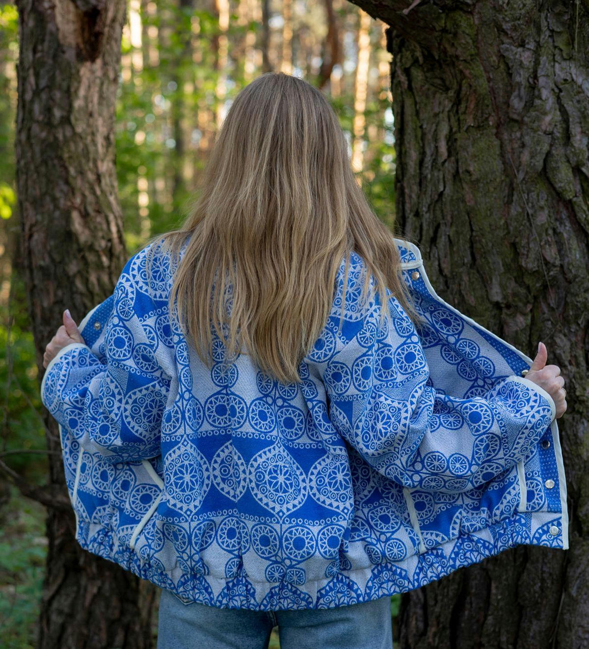 Vintage Cotton Coverlet Jacket, Boho Quilted Bomber, Upcycled Heritage Blue White (M-L)