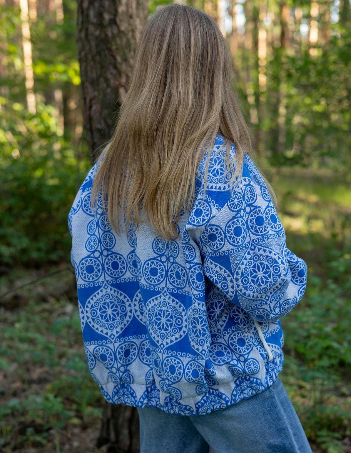 Vintage Cotton Coverlet Jacket, Boho Quilted Bomber, Upcycled Heritage Blue White (M-L)