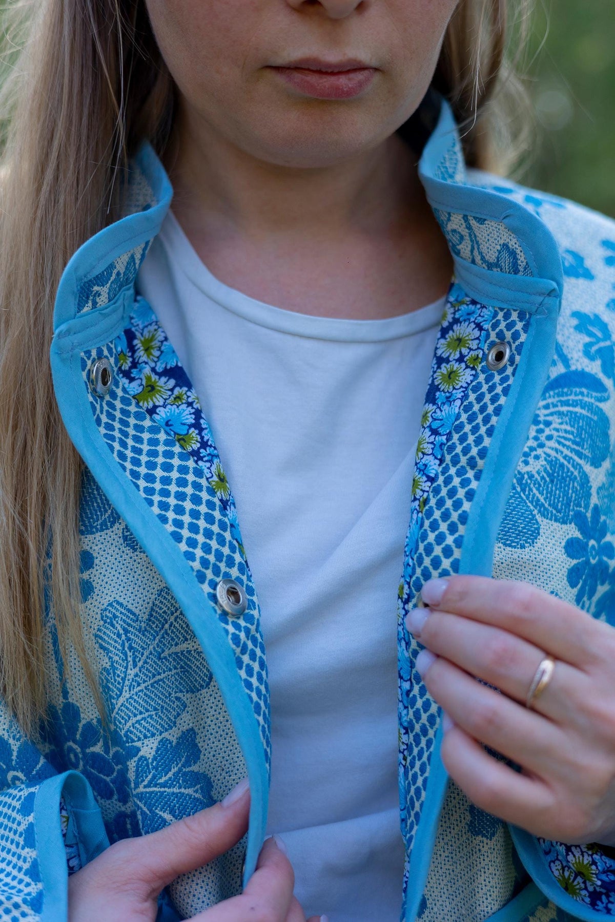 Upcycled Vintage Coverlet Jacket, Blue Floral Patchwork, Boho Bomber Style Coat size M L
