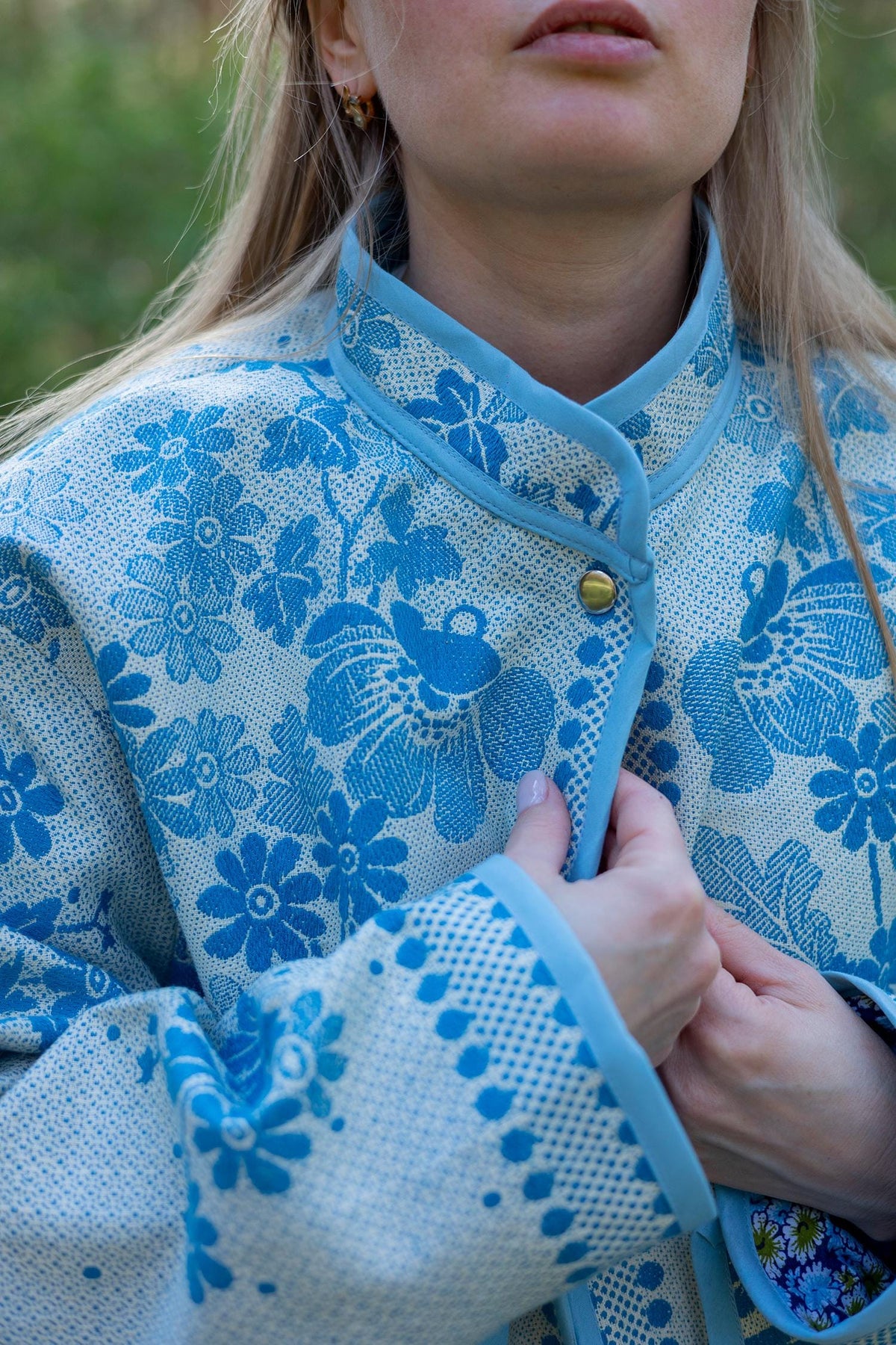 Upcycled Vintage Coverlet Jacket, Blue Floral Patchwork, Boho Bomber Style Coat size M L