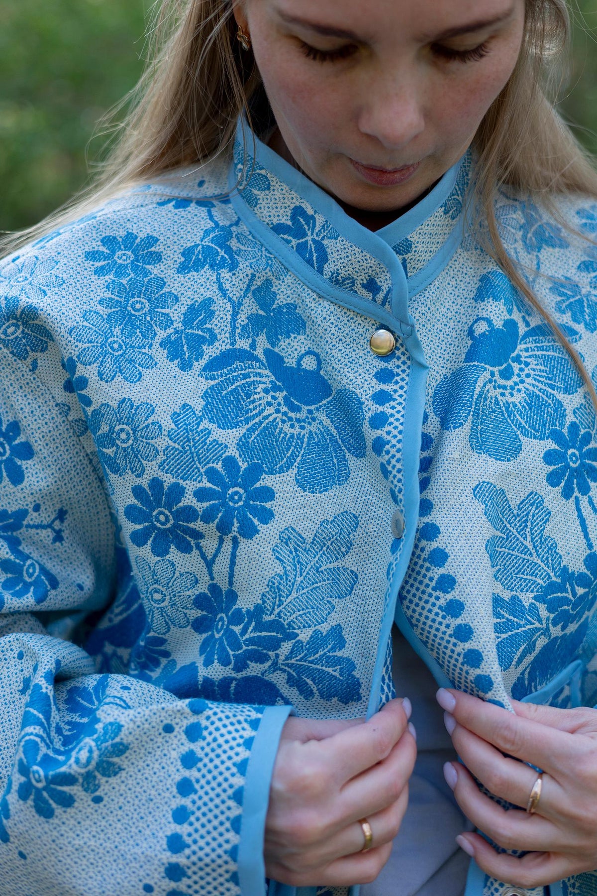 Upcycled Vintage Coverlet Jacket, Blue Floral Patchwork, Boho Bomber Style Coat size M L