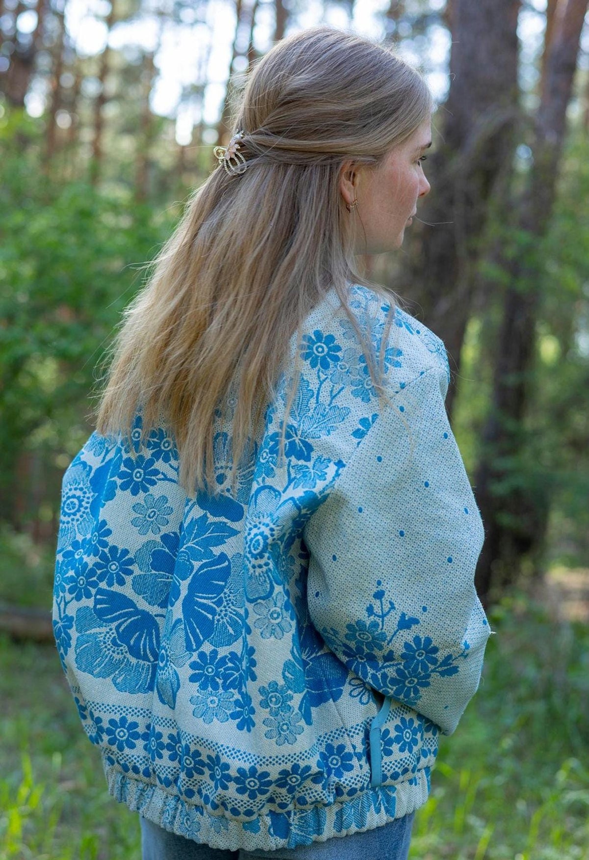 Upcycled Vintage Coverlet Jacket, Blue Floral Patchwork, Boho Bomber Style Coat size M L