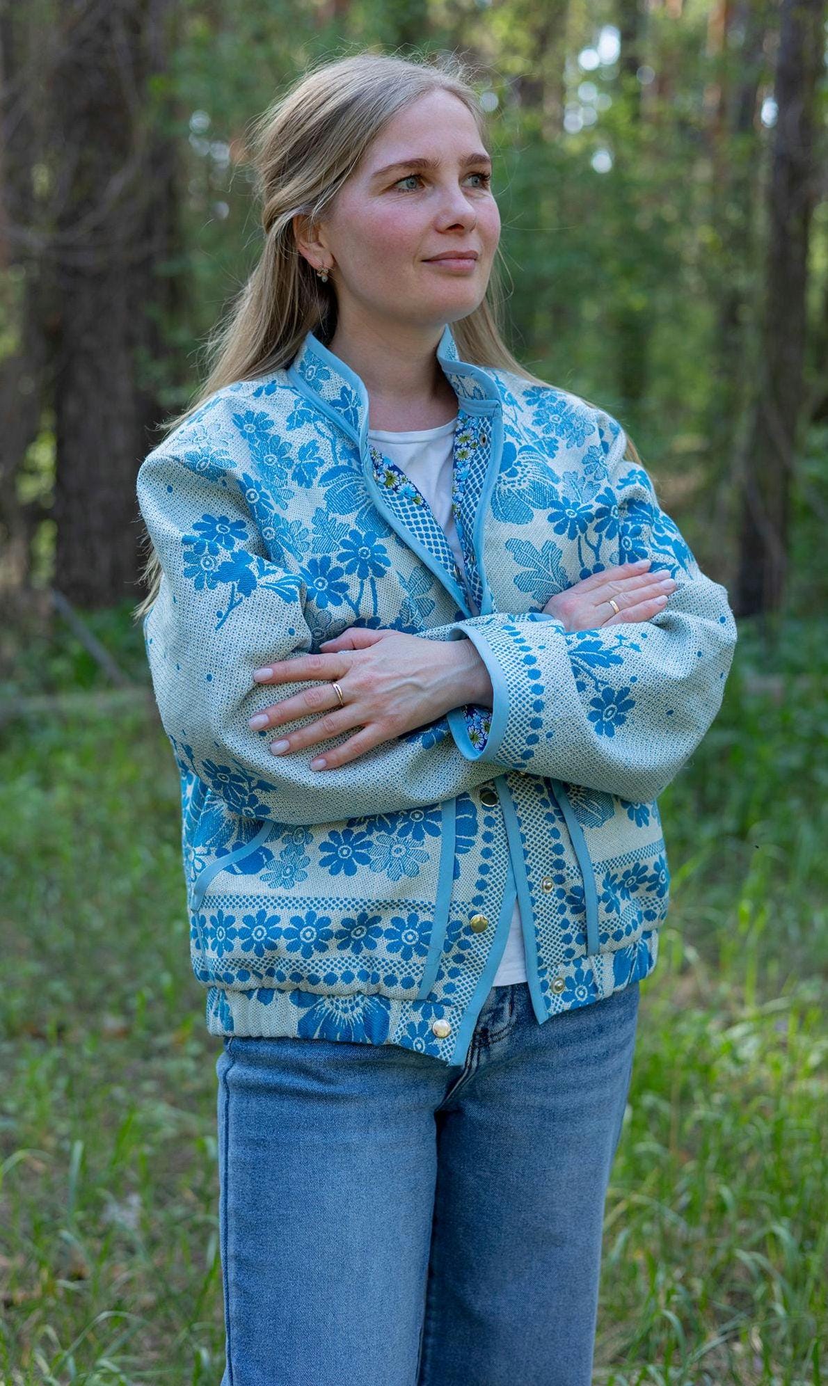 Upcycled Vintage Coverlet Jacket, Blue Floral Patchwork, Boho Bomber Style Coat size M L