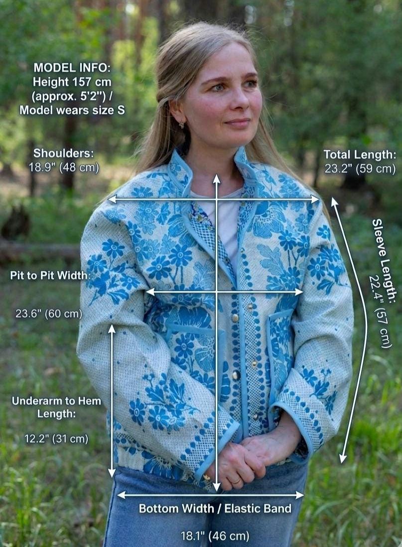 Upcycled Vintage Coverlet Jacket, Blue Floral Patchwork, Boho Bomber Style Coat size M L