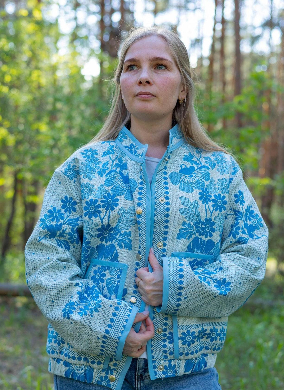 Upcycled Vintage Coverlet Jacket, Blue Floral Patchwork, Boho Bomber Style Coat size M L