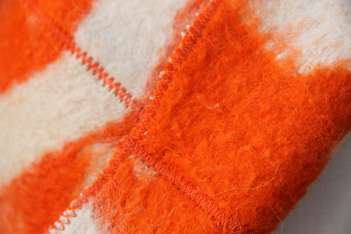 Upcycled Wool Sauna Hat, Orange Geometric Banya Cap, Vintage Blanket Thermal Protection