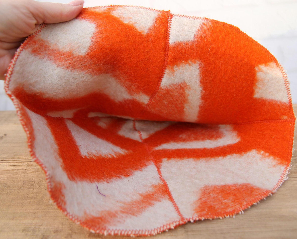 Upcycled Wool Sauna Hat, Orange Geometric Banya Cap, Vintage Blanket Thermal Protection