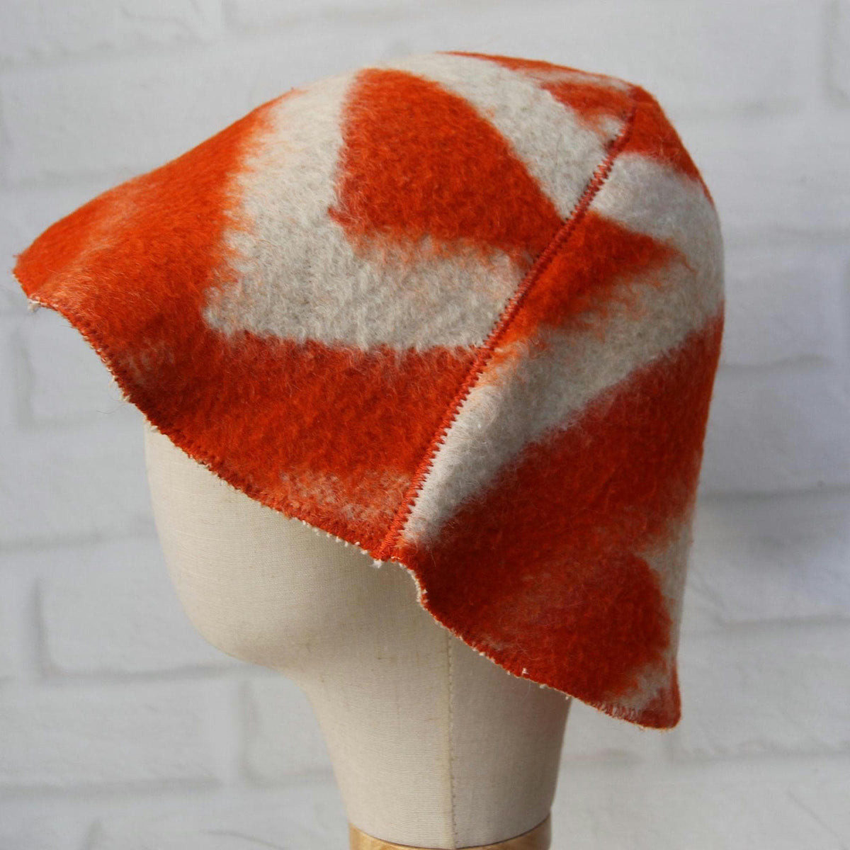 Upcycled Wool Sauna Hat, Orange Geometric Banya Cap, Vintage Blanket Thermal Protection