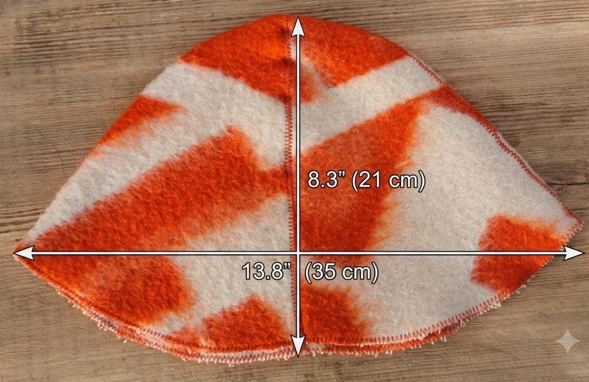 Upcycled Wool Sauna Hat, Orange Geometric Banya Cap, Vintage Blanket Thermal Protection
