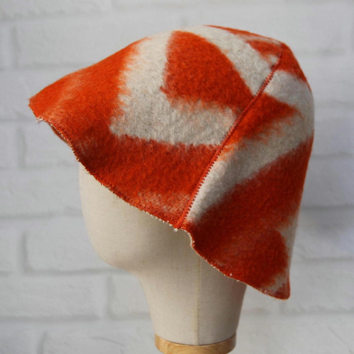 Upcycled Wool Sauna Hat, Orange Geometric Banya Cap, Vintage Blanket Thermal Protection