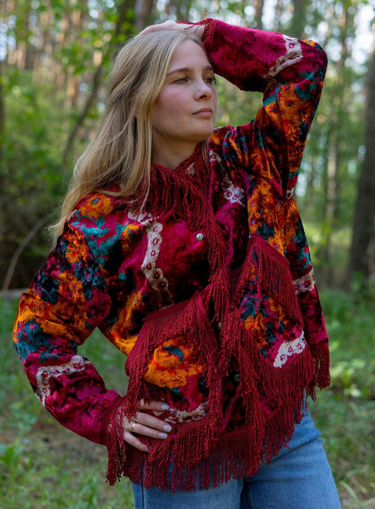 Upcycled Vintage Blanket Jacket • Colorful Boho Fringe Coat (M L)