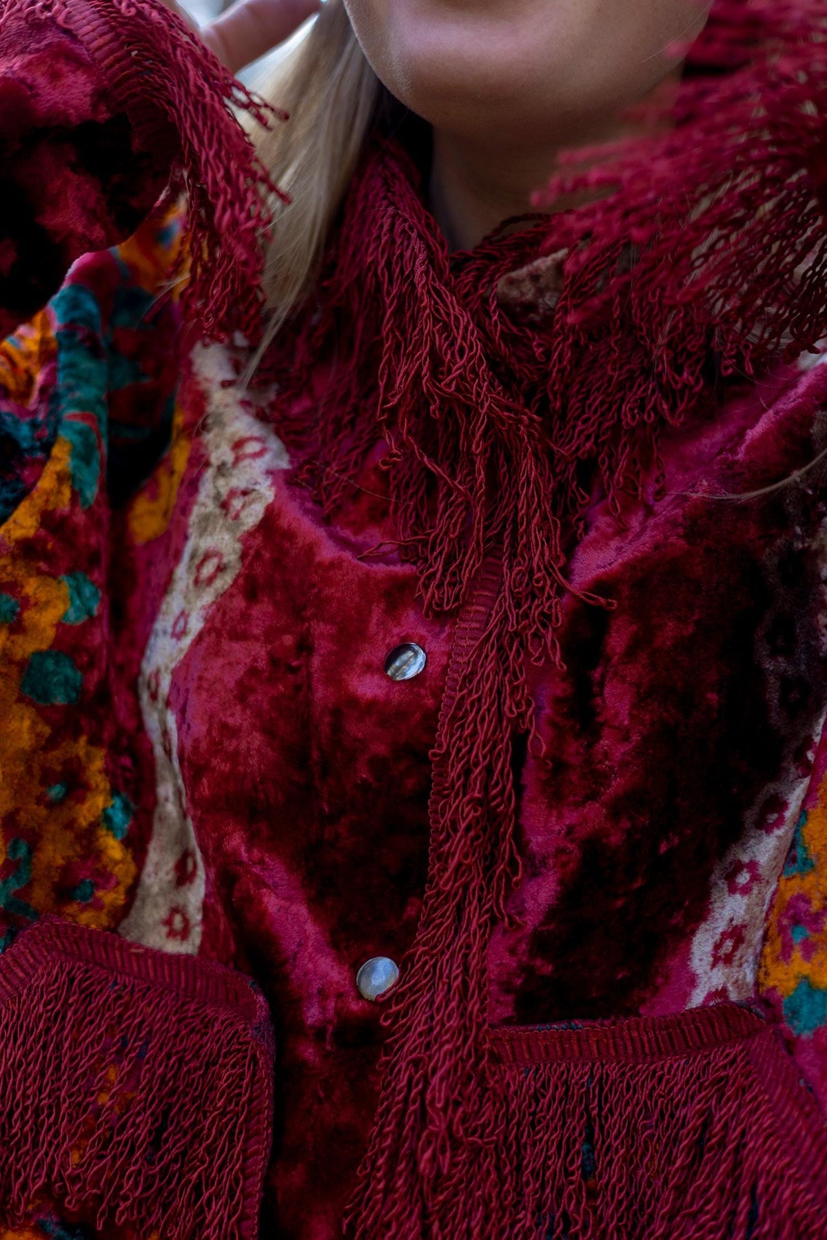 Upcycled Vintage Blanket Jacket • Colorful Boho Fringe Coat (M L)