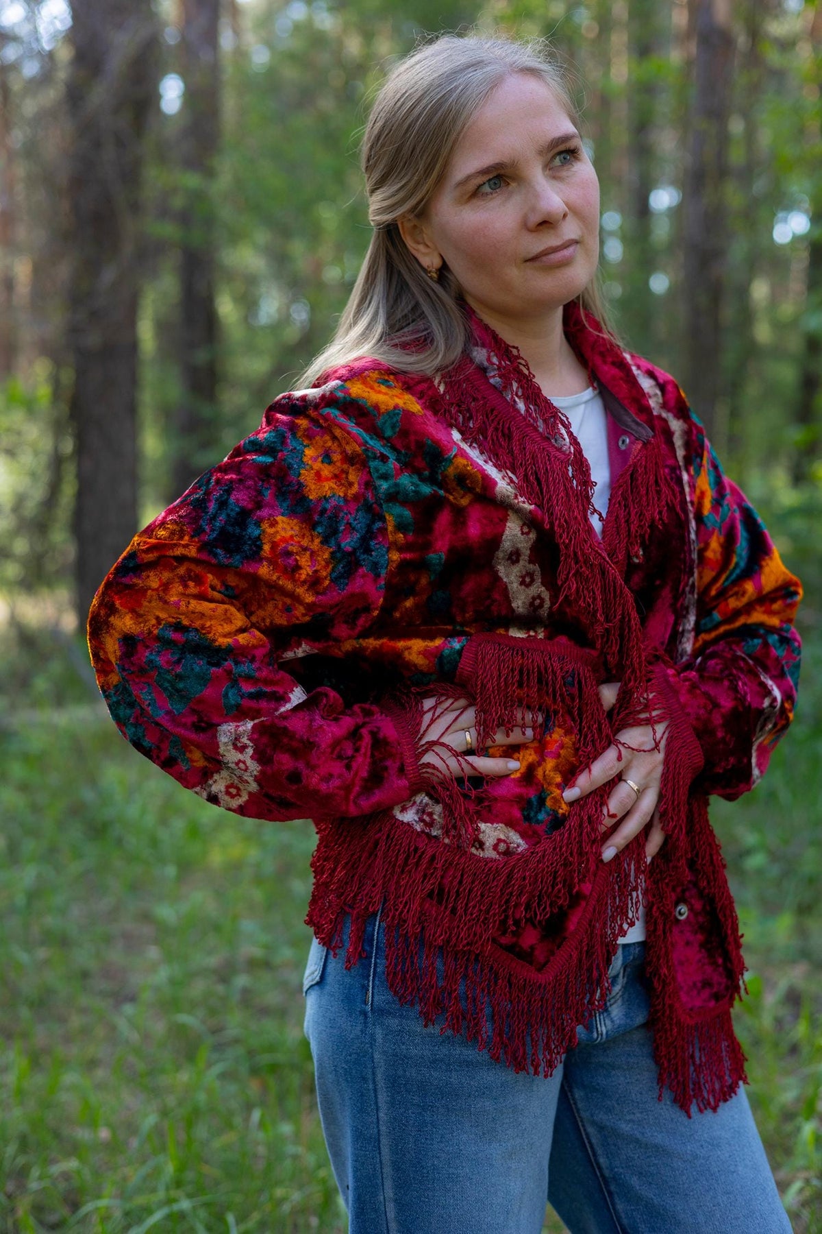 Upcycled Vintage Blanket Jacket • Colorful Boho Fringe Coat (M L)