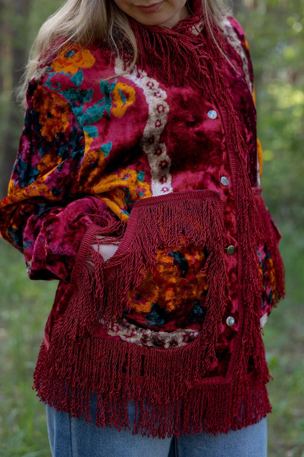 Upcycled Vintage Blanket Jacket • Colorful Boho Fringe Coat (M L)