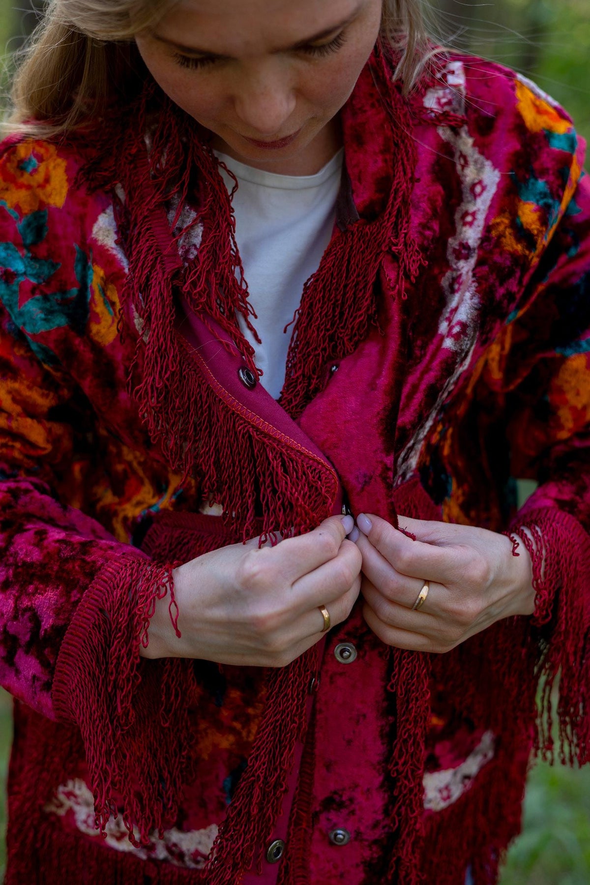Upcycled Vintage Blanket Jacket • Colorful Boho Fringe Coat (M L)