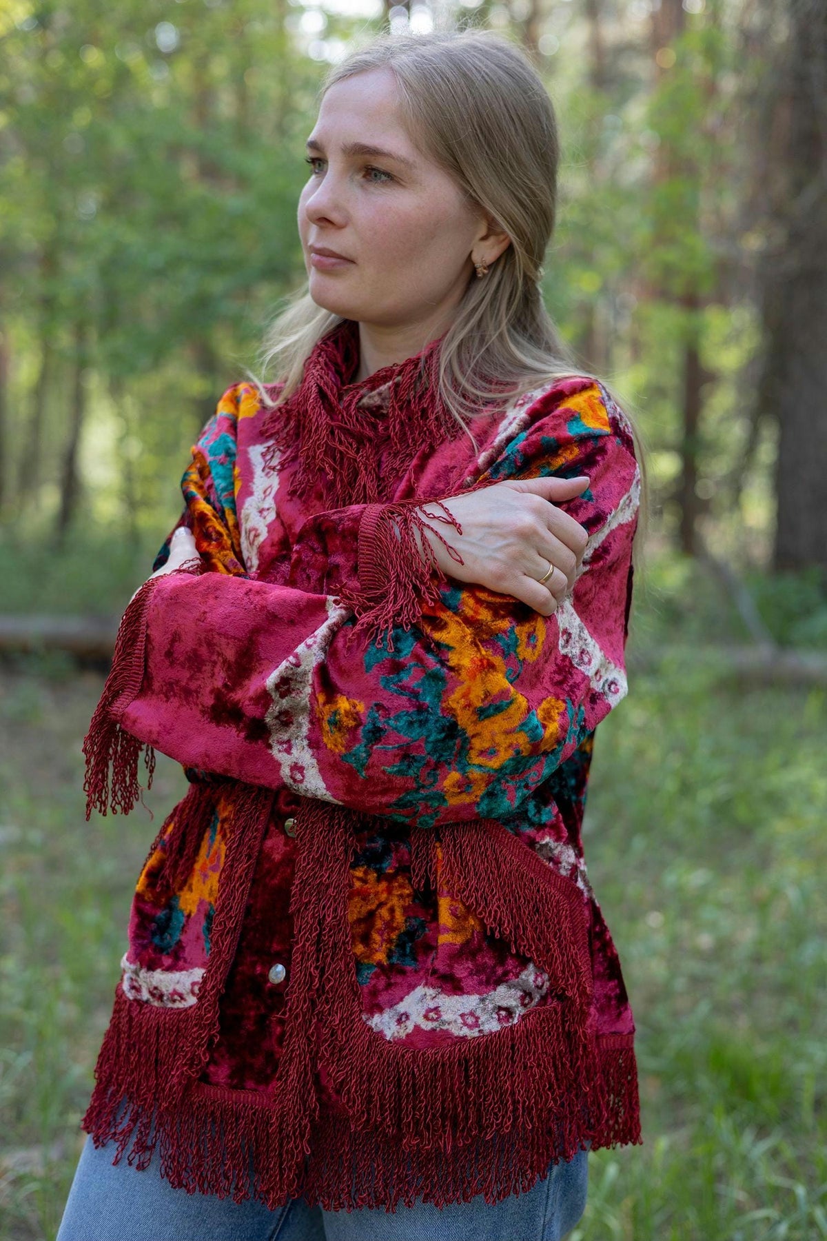Upcycled Vintage Blanket Jacket • Colorful Boho Fringe Coat (M L)