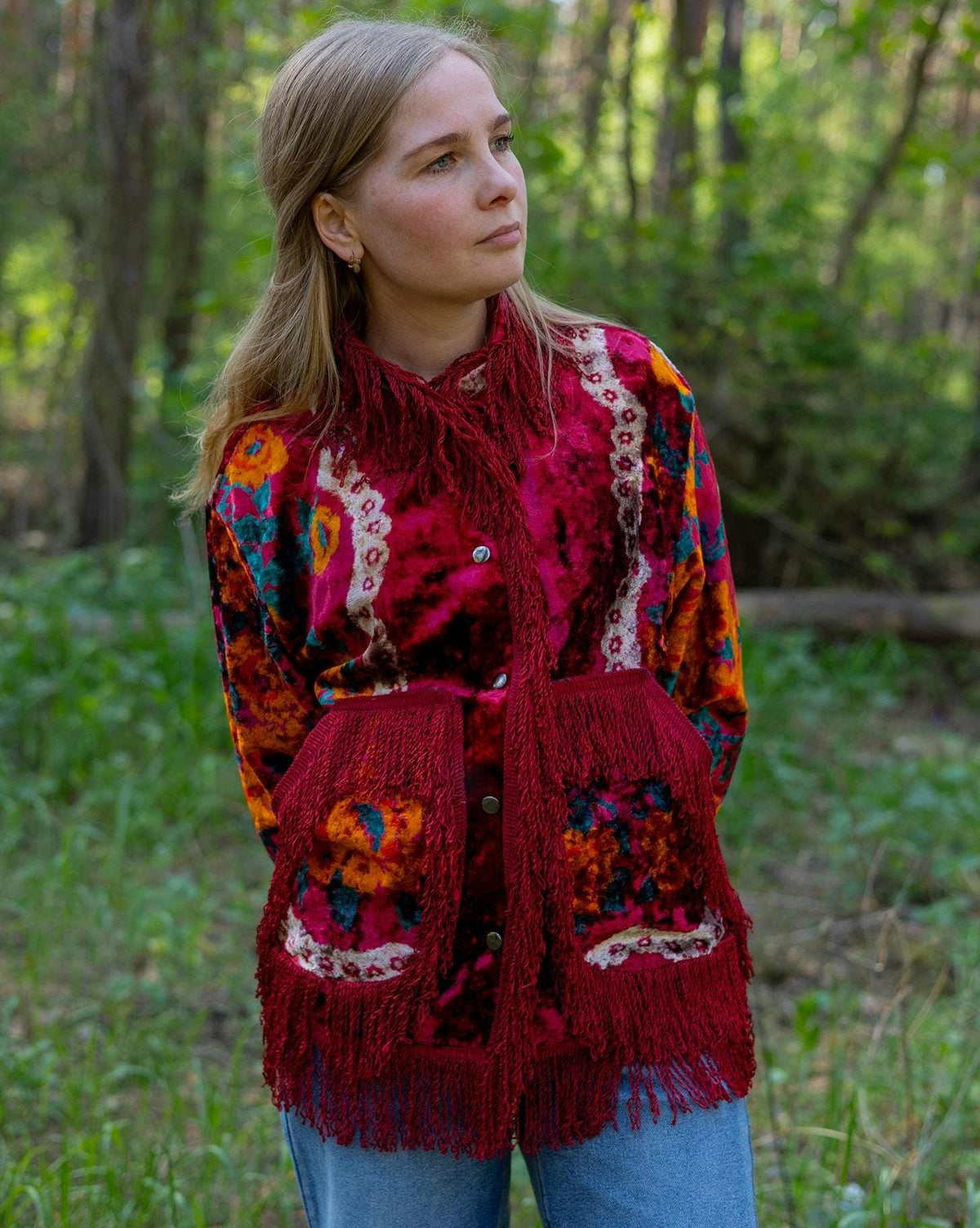 Upcycled Vintage Blanket Jacket • Colorful Boho Fringe Coat (M L)