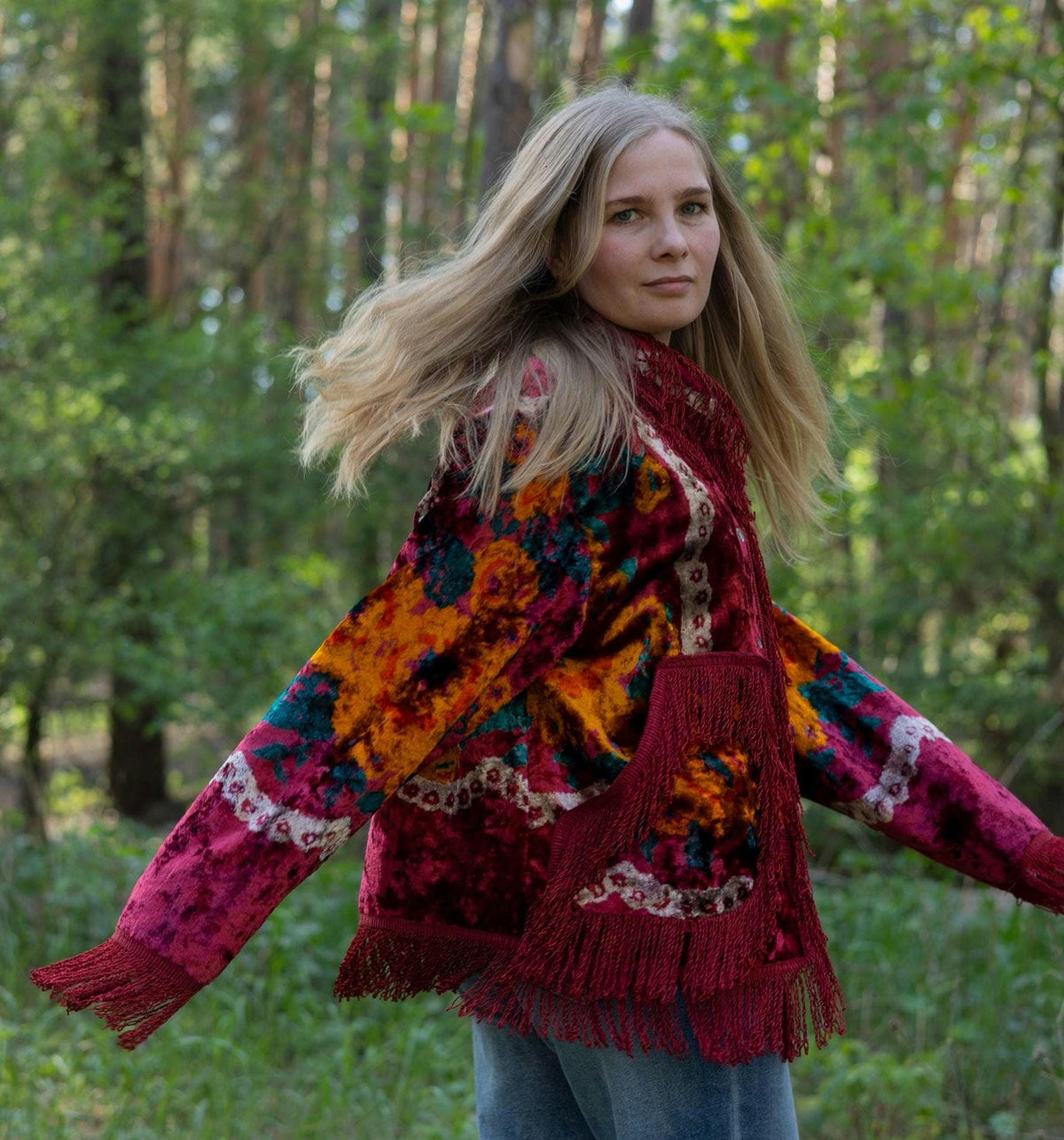Upcycled Vintage Blanket Jacket • Colorful Boho Fringe Coat (M L)