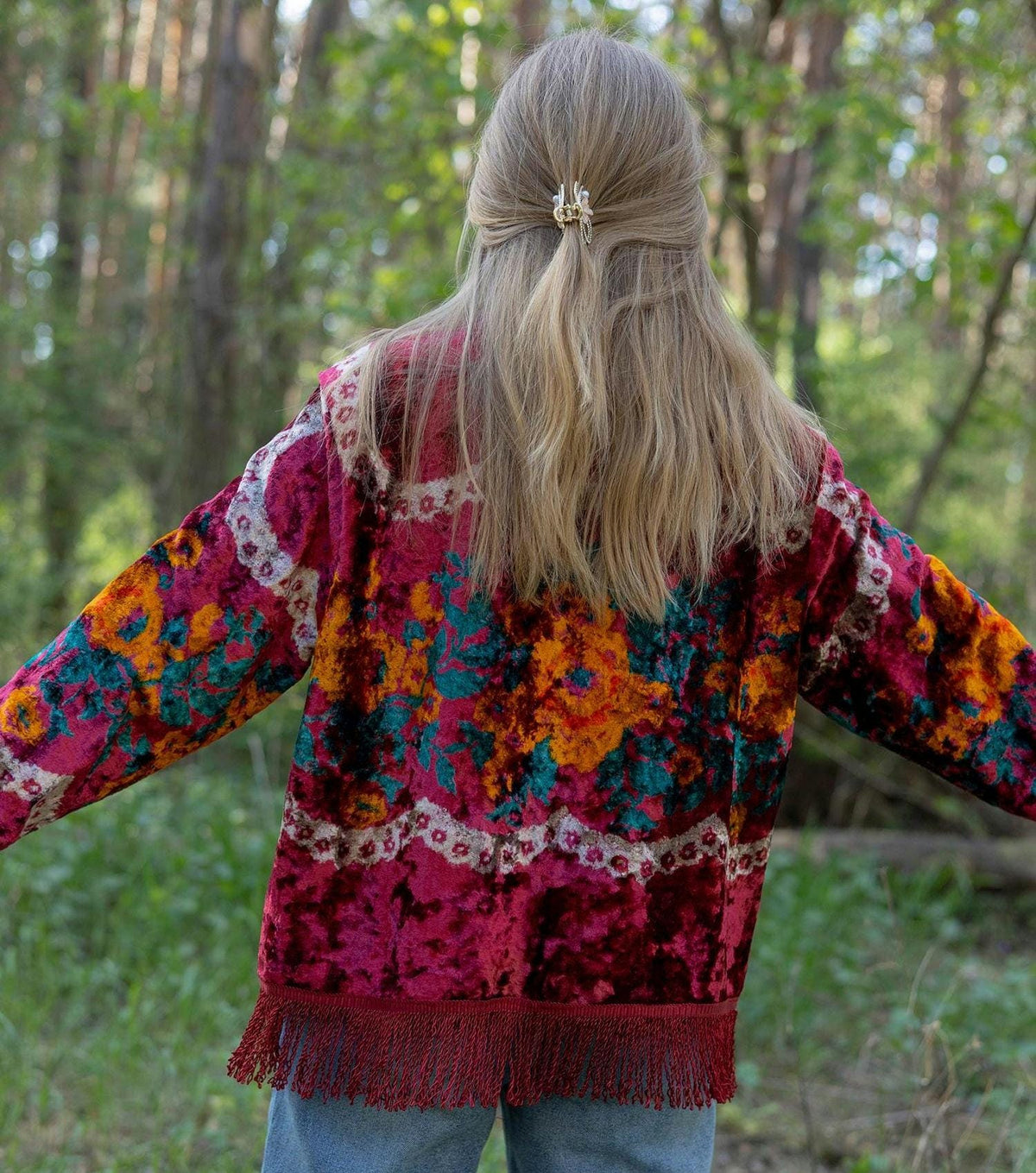 Upcycled Vintage Blanket Jacket • Colorful Boho Fringe Coat (M L)