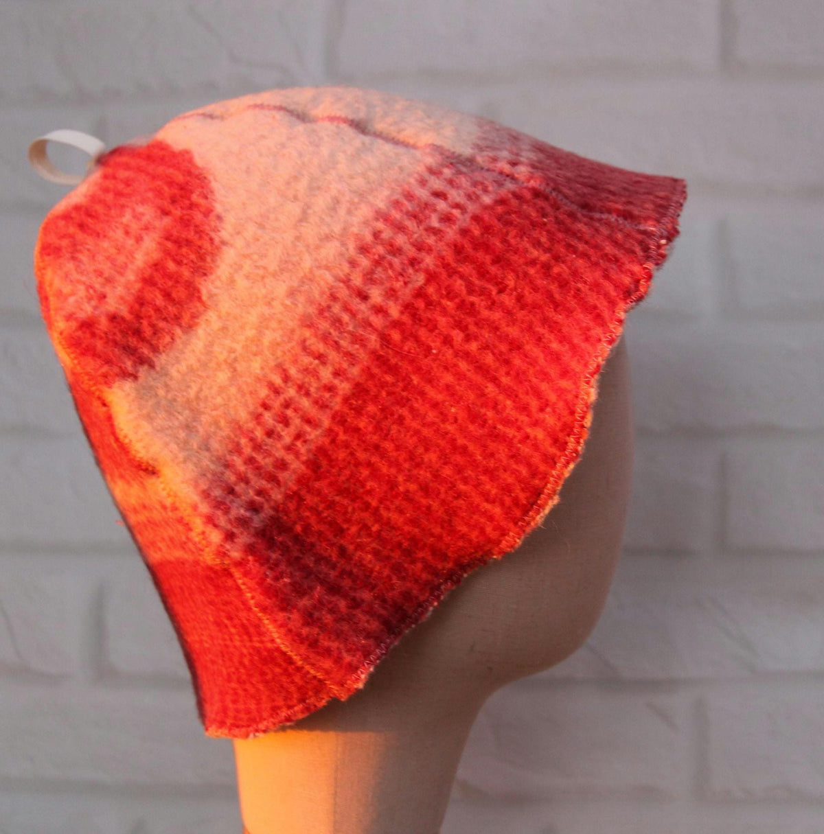Upcycled Wool Blanket Sauna Hat, Vintage Red White Banya Heat Protection (Hanging Loop)