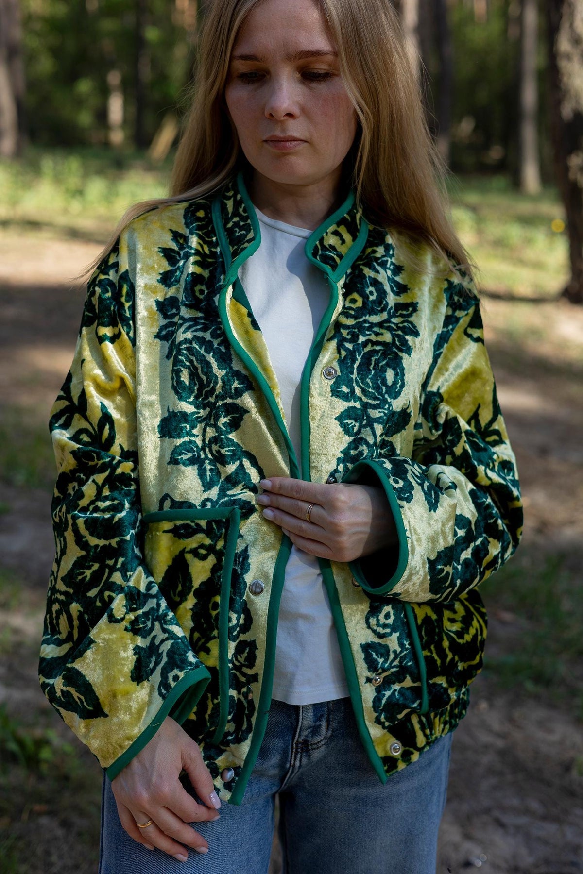 Upcycled Velour Floral Bomber Jacket, Vintage Quilted Oversized M-L, Festival Style