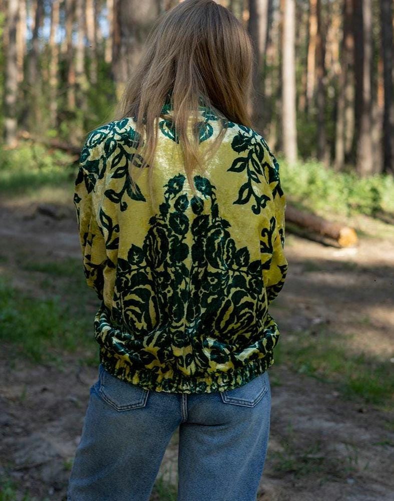 Upcycled Velour Floral Bomber Jacket, Vintage Quilted Oversized M-L, Festival Style