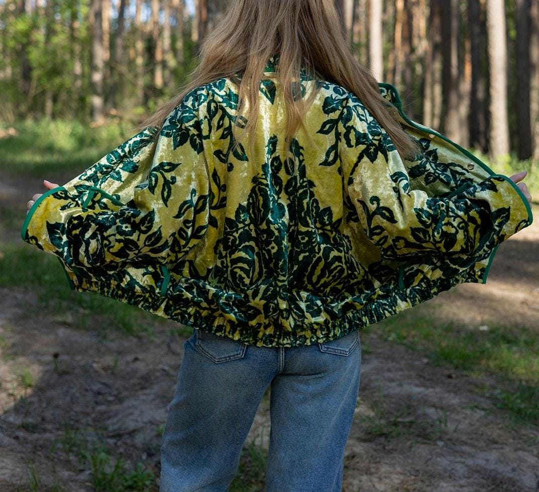 Upcycled Velour Floral Bomber Jacket, Vintage Quilted Oversized M-L, Festival Style