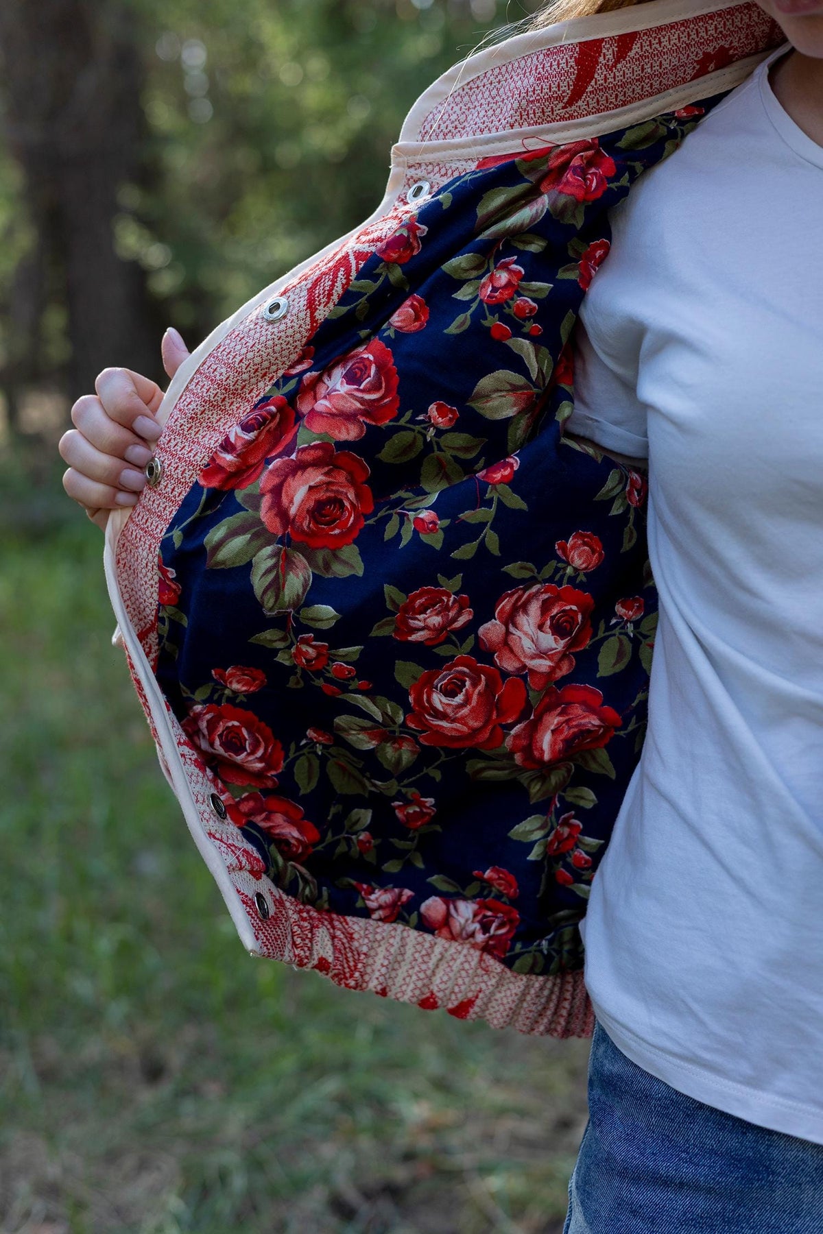 Upcycled Cotton Tapestry Bomber Jacket, Red Floral Cottagecore Statement Coat (M-L)