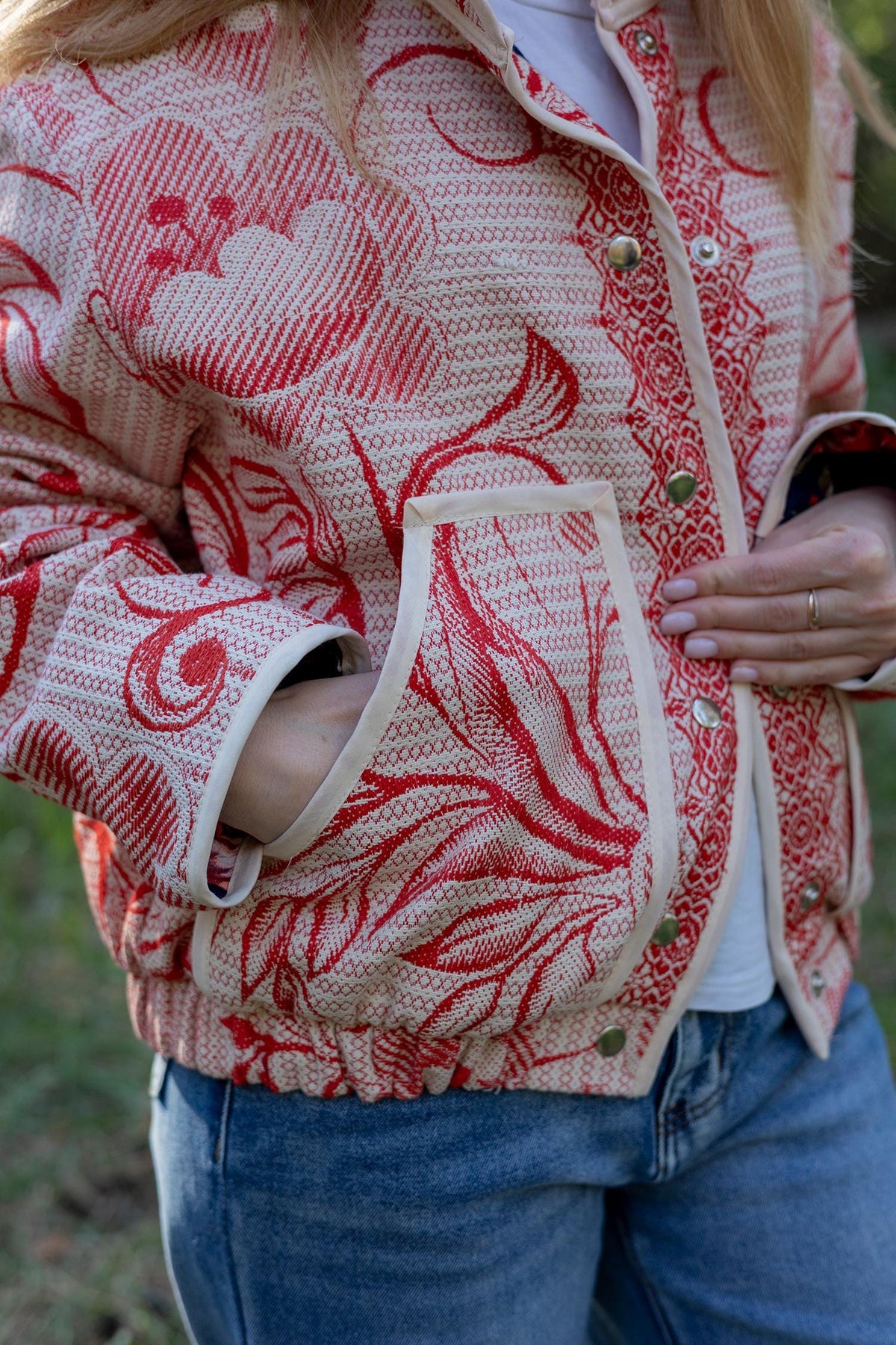Upcycled Cotton Tapestry Bomber Jacket, Red Floral Cottagecore Statement Coat (M-L)