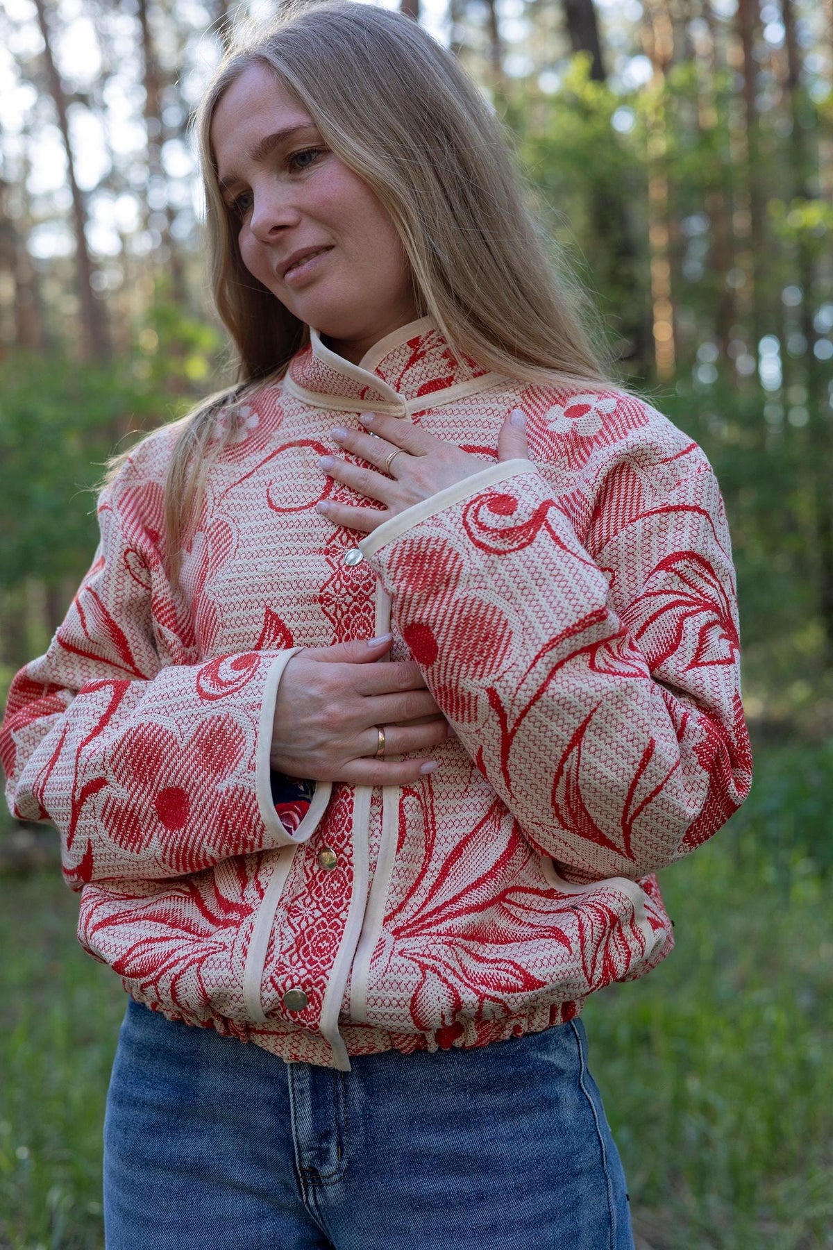 Upcycled Cotton Tapestry Bomber Jacket, Red Floral Cottagecore Statement Coat (M-L)