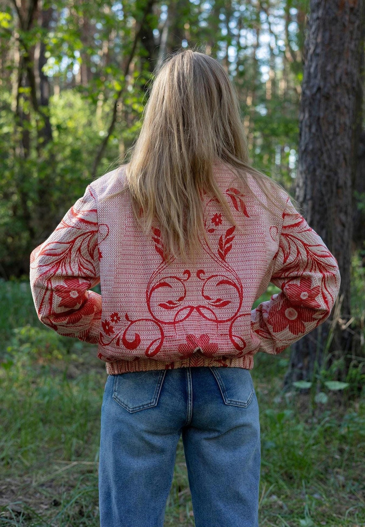 Upcycled Cotton Tapestry Bomber Jacket, Red Floral Cottagecore Statement Coat (M-L)