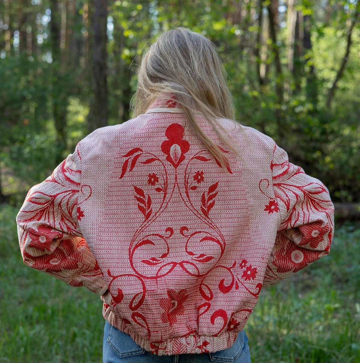 Upcycled Cotton Tapestry Bomber Jacket, Red Floral Cottagecore Statement Coat (M-L)