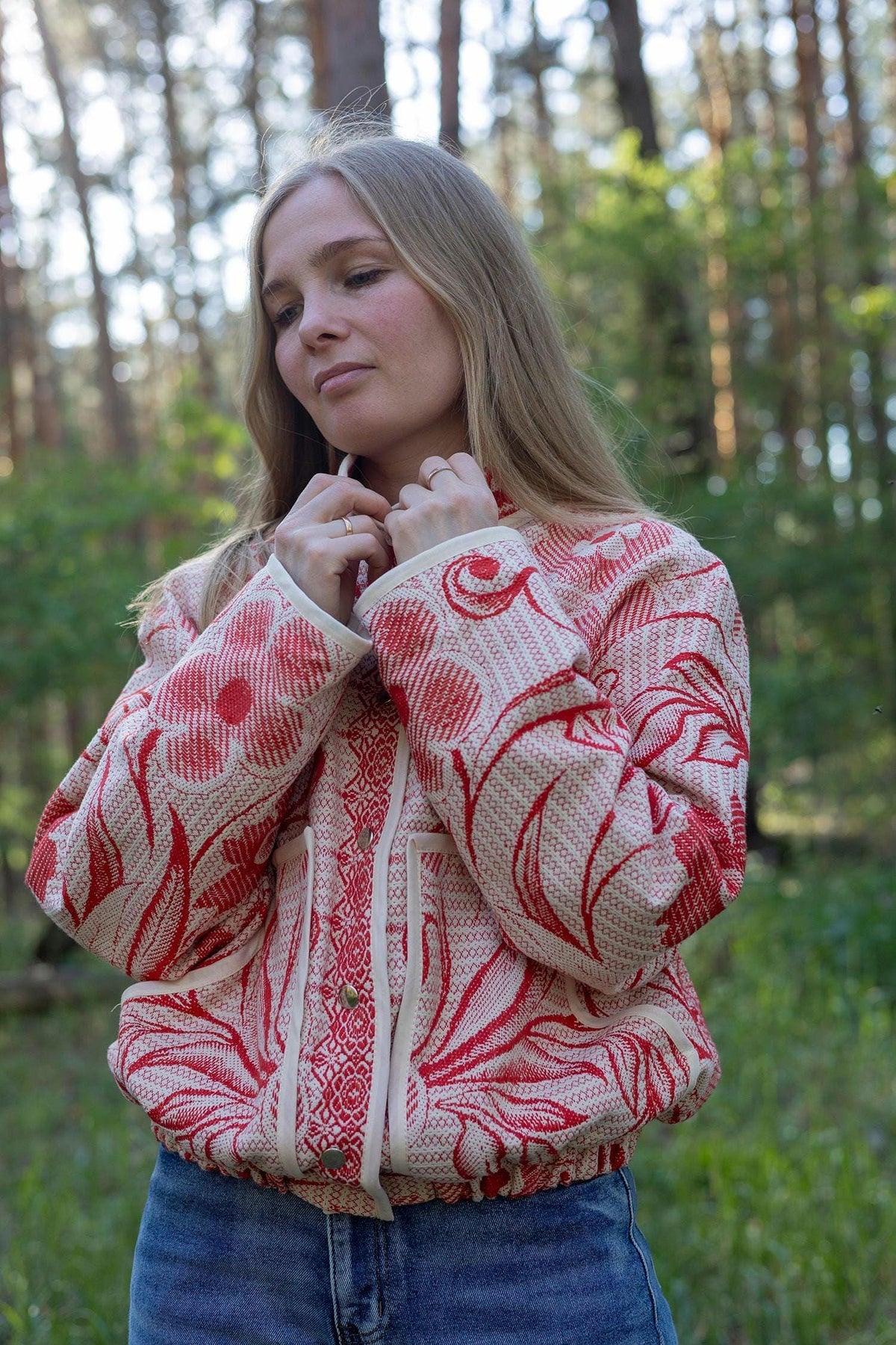 Upcycled Cotton Tapestry Bomber Jacket, Red Floral Cottagecore Statement Coat (M-L)