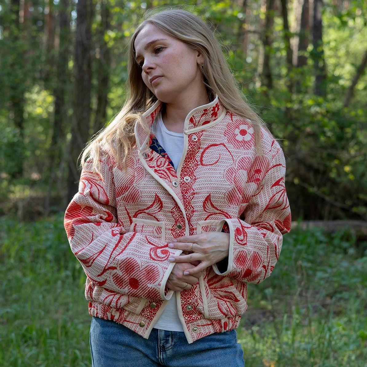 Upcycled Cotton Tapestry Bomber Jacket, Red Floral Cottagecore Statement Coat (M-L)