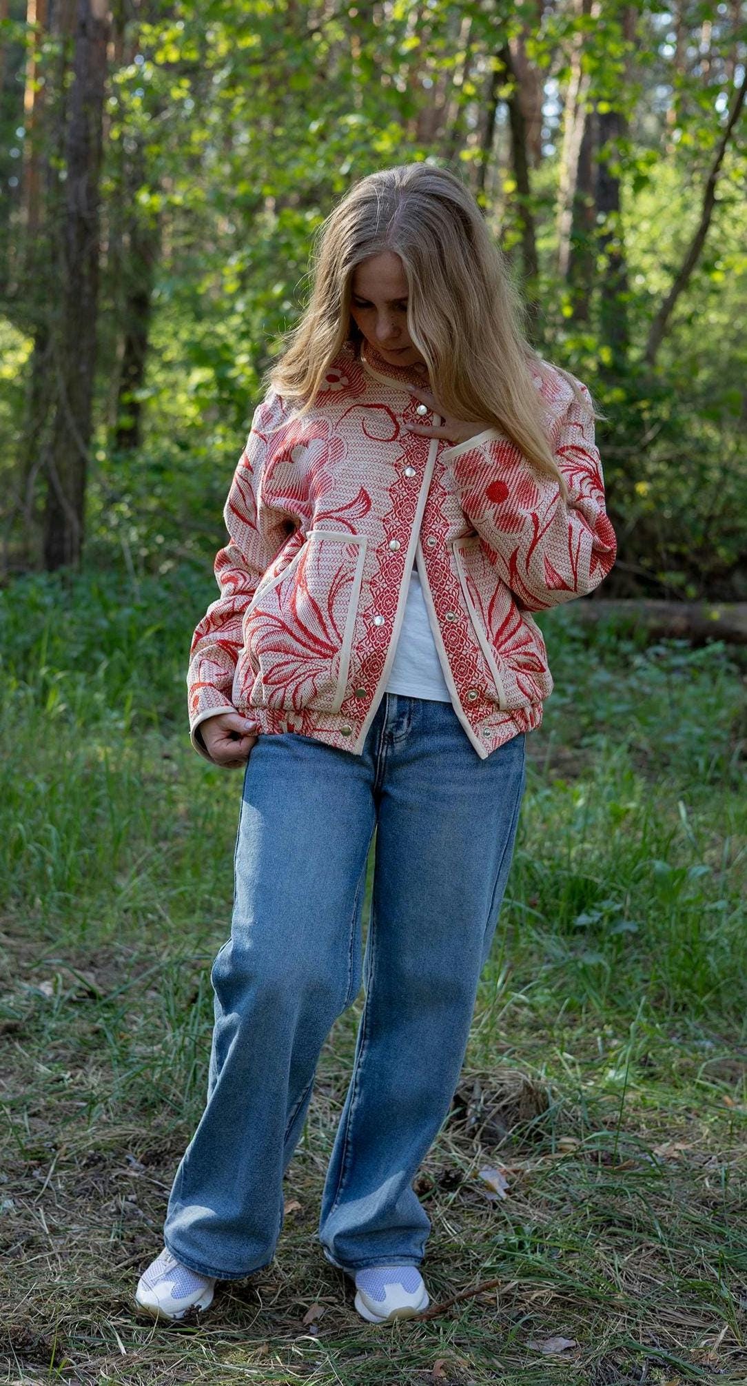 Upcycled Cotton Tapestry Bomber Jacket, Red Floral Cottagecore Statement Coat (M-L)