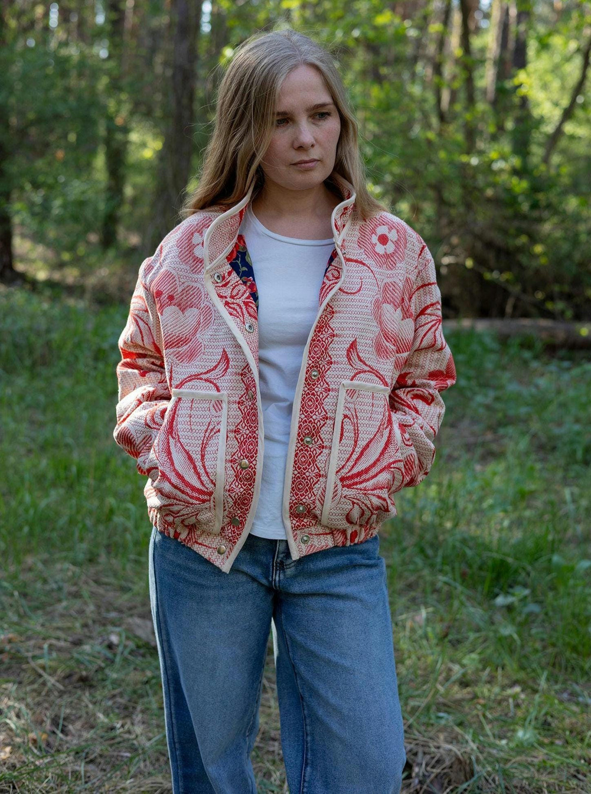Upcycled Cotton Tapestry Bomber Jacket, Red Floral Cottagecore Statement Coat (M-L)