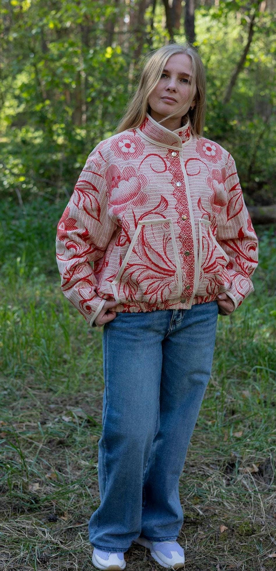 Upcycled Cotton Tapestry Bomber Jacket, Red Floral Cottagecore Statement Coat (M-L)