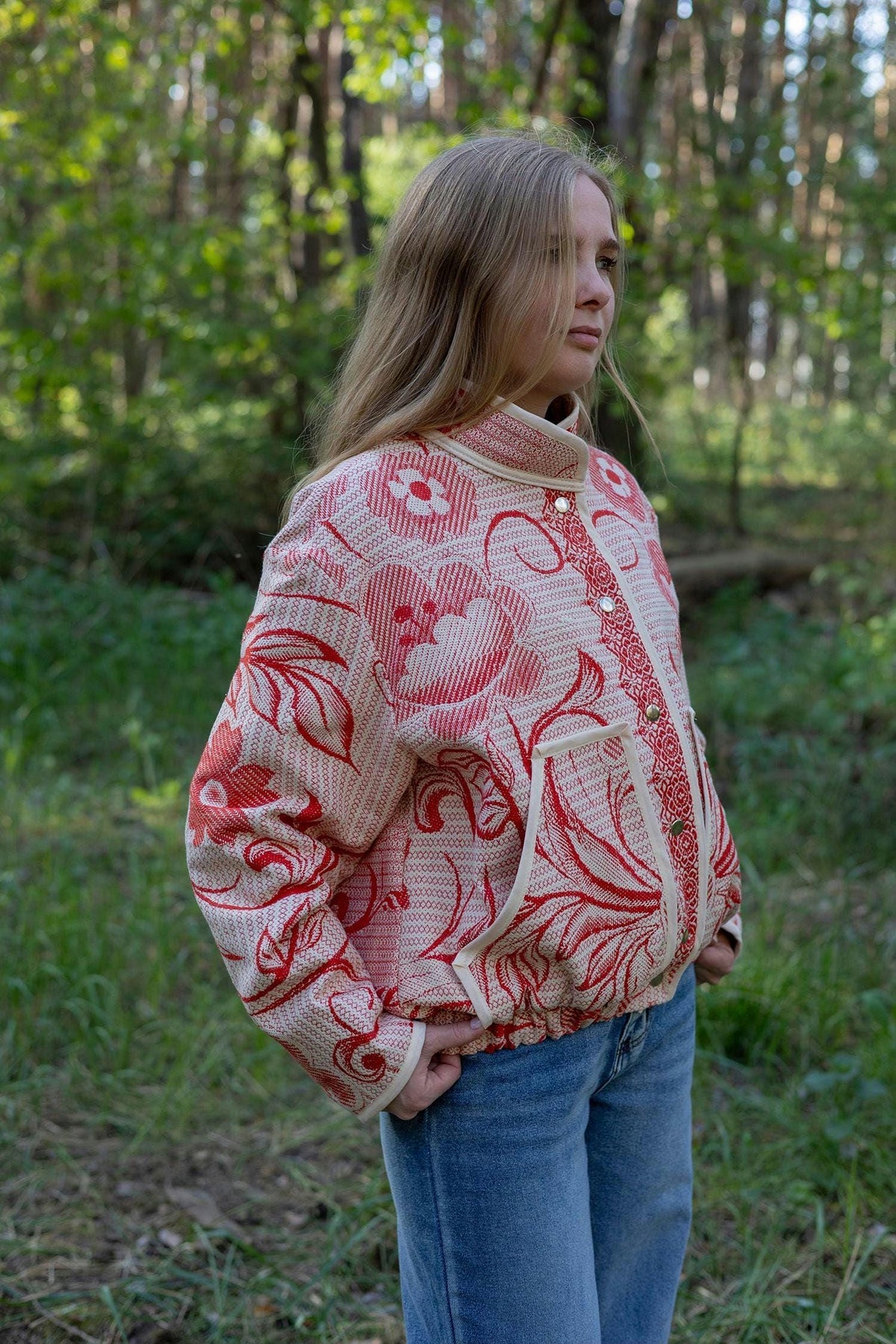 Upcycled Cotton Tapestry Bomber Jacket, Red Floral Cottagecore Statement Coat (M-L)
