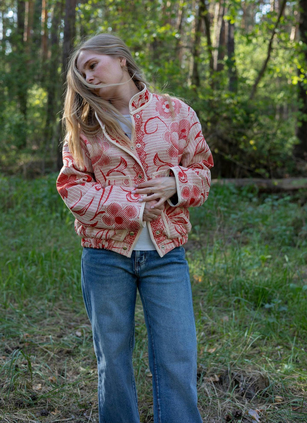 Upcycled Cotton Tapestry Bomber Jacket, Red Floral Cottagecore Statement Coat (M-L)