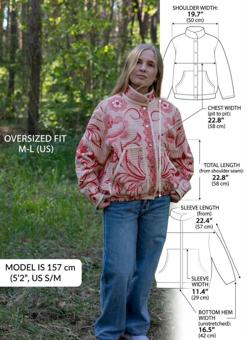 Upcycled Cotton Tapestry Bomber Jacket, Red Floral Cottagecore Statement Coat (M-L)