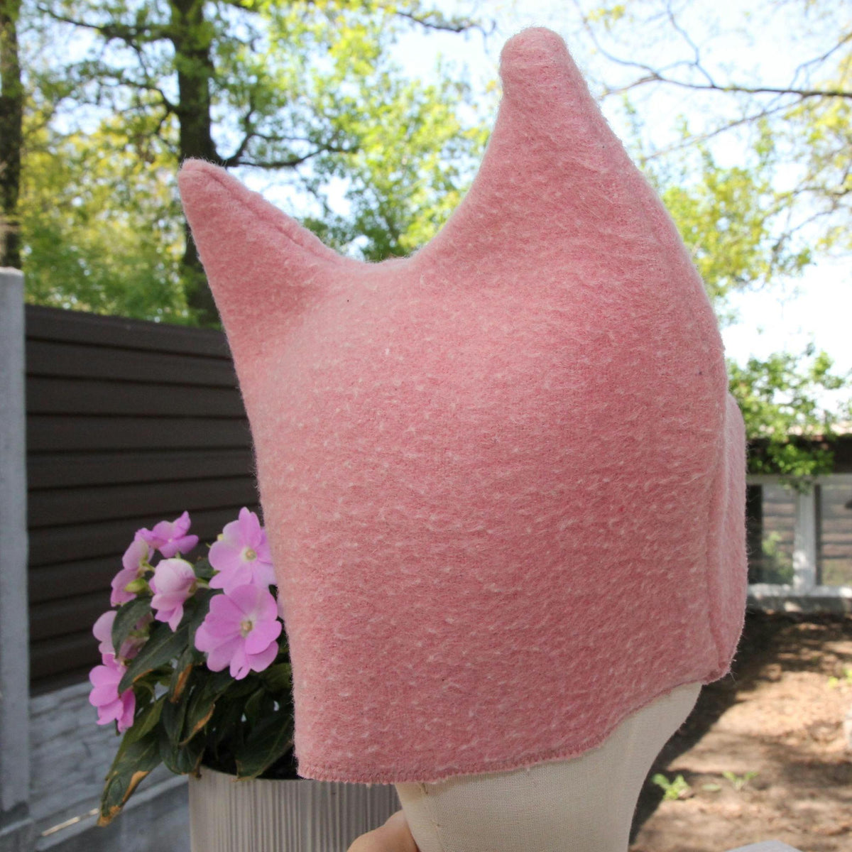 Pink Wool Cat Ears Sauna Hat, Banya Steam Room Protection Cap