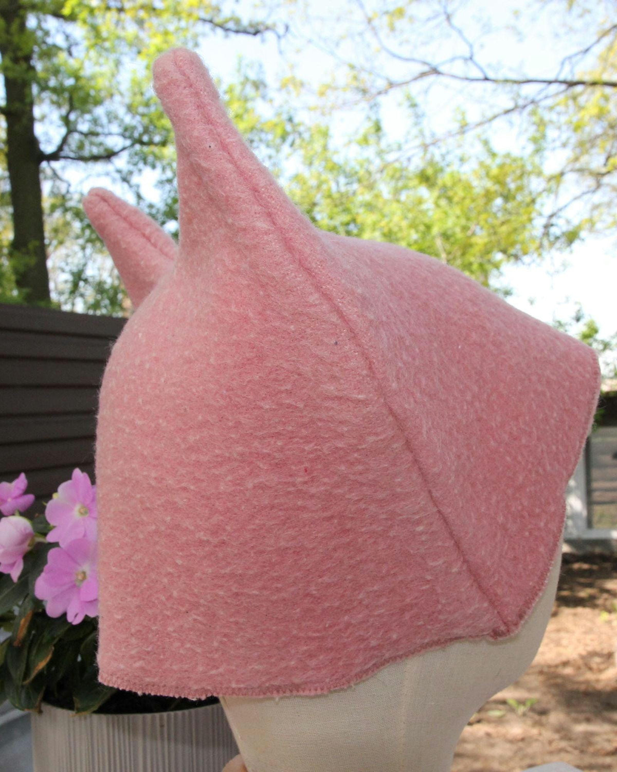 Pink Wool Cat Ears Sauna Hat, Banya Steam Room Protection Cap