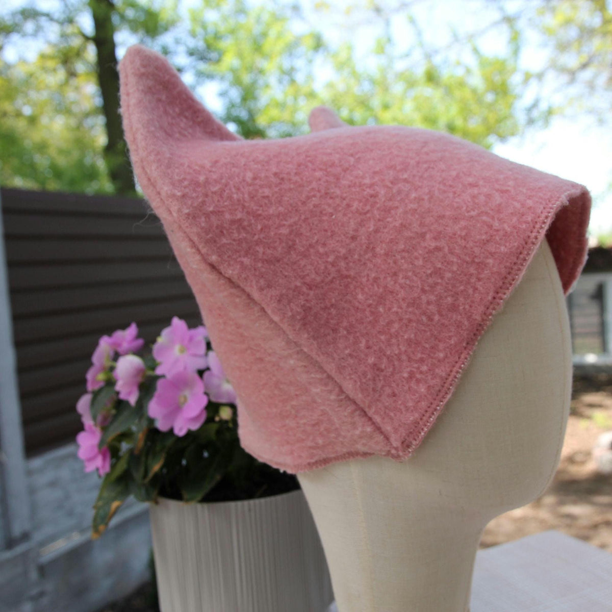 Pink Wool Cat Ears Sauna Hat, Banya Steam Room Protection Cap